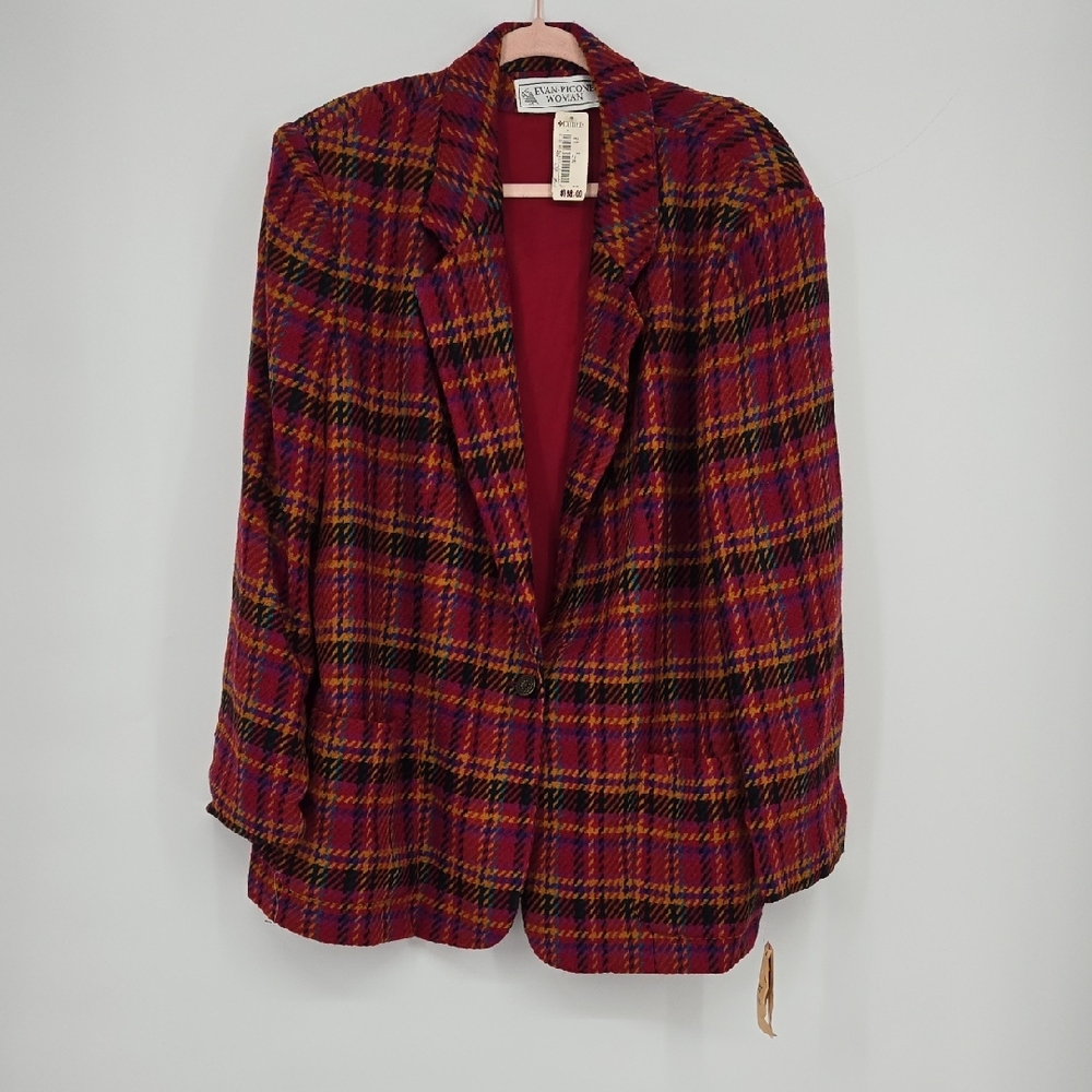 Vintage Evan-Picone Woman Plaid Wool Blazer Red PINk Purple 90s Plus Size 24W